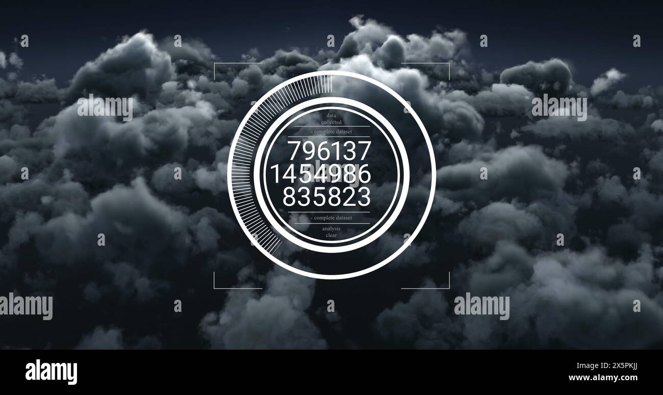 Image of data processing over round scanner against dark clouds in the sky Stock Photo