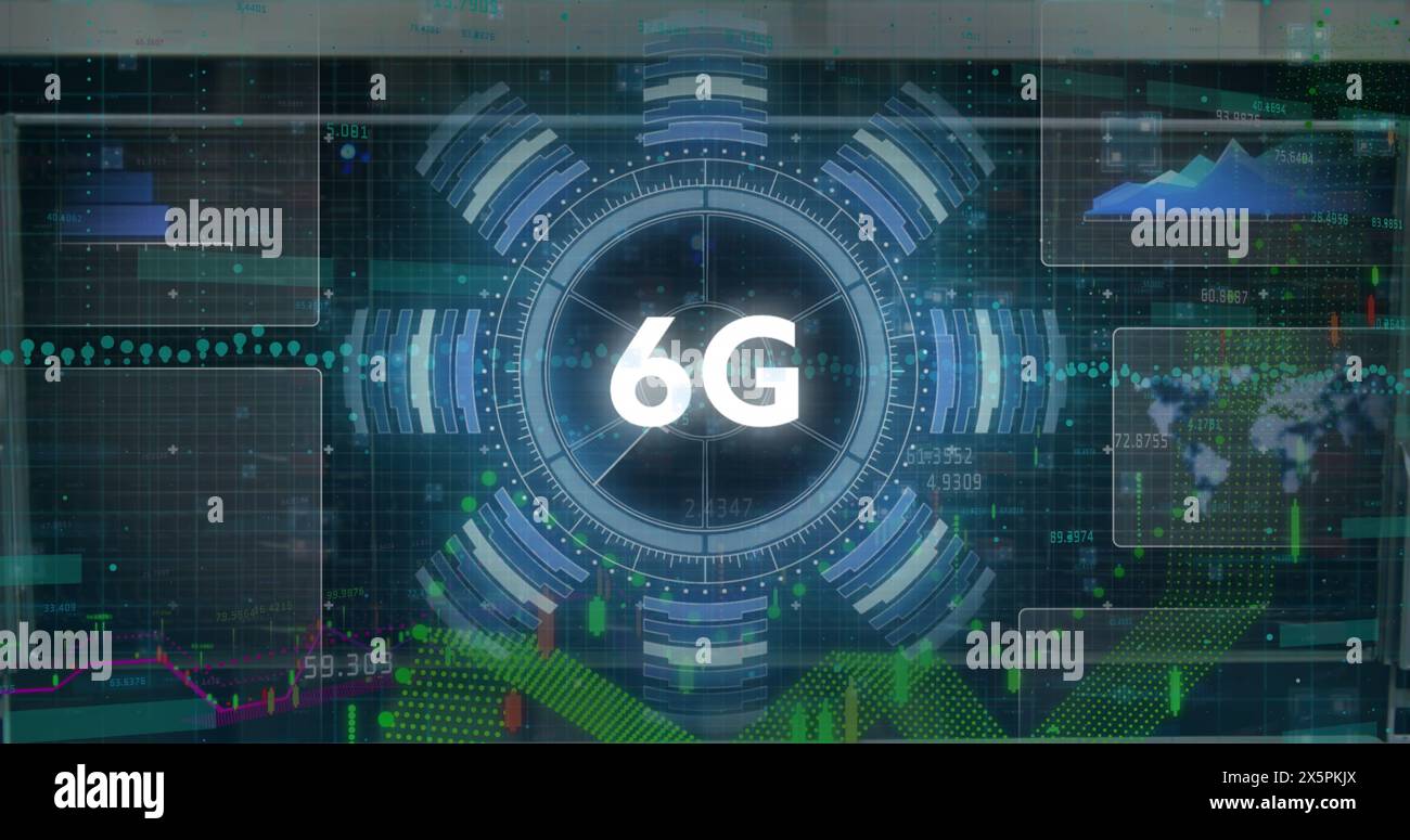 Image of 6g text and data processing over computer servers Stock Photo