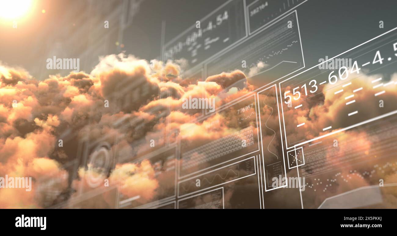 Image of interface with data processing against clouds and shining sun in the sky Stock Photo