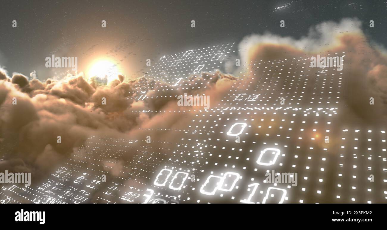 Image of binary coding data processing against clouds and shining sun in the sky Stock Photo