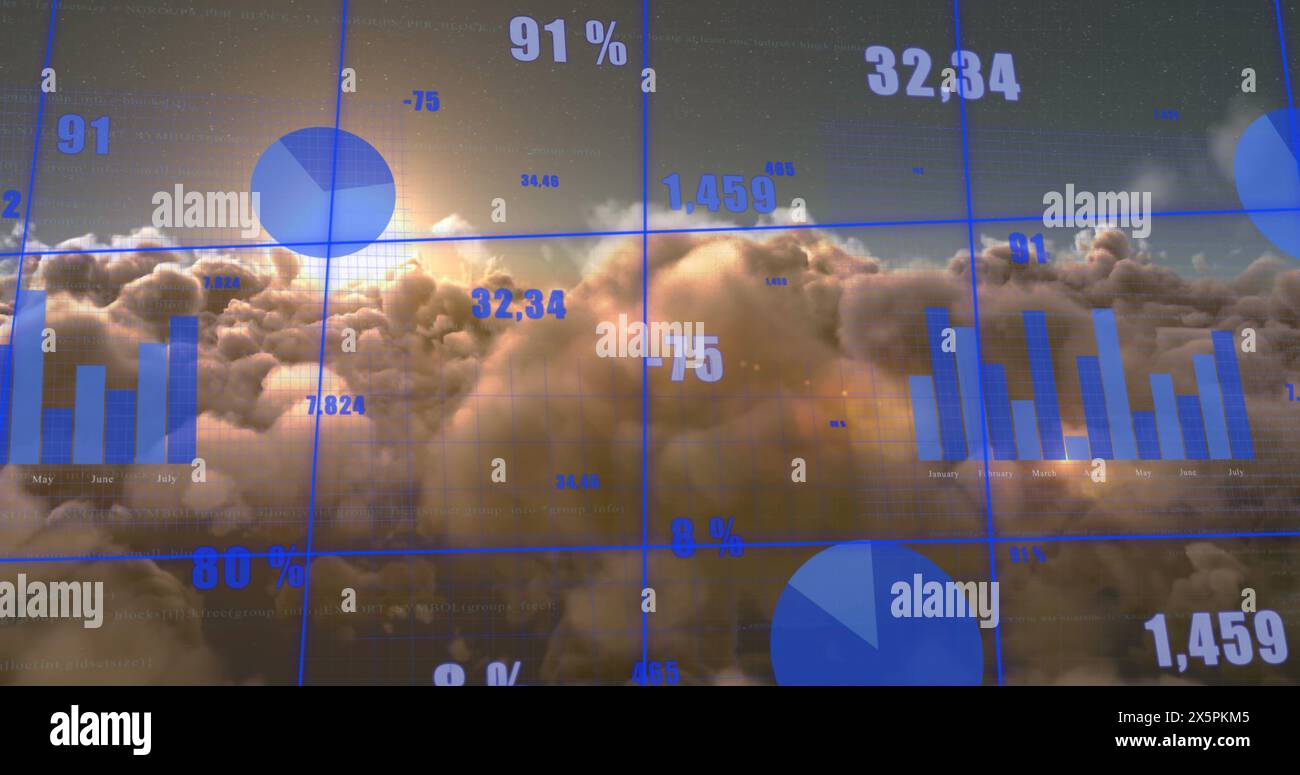 Image of statistical data processing over grid network against clouds and shining sun in the sky Stock Photo