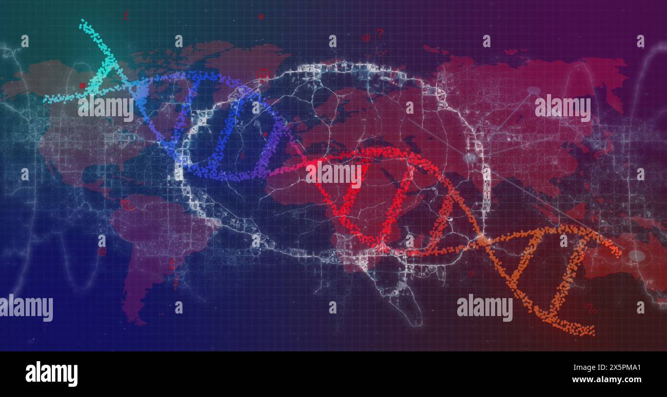 Animation digital world map virus - Image Of Dna Strand Human Brain Over World Map And Scientific Data Processing 2X5PMA1