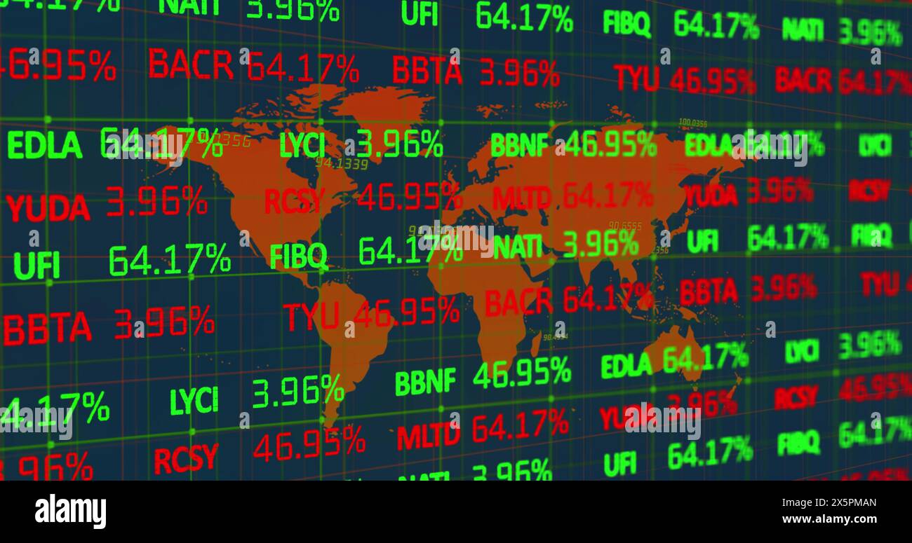 Image of financial data processing over world map Stock Photo