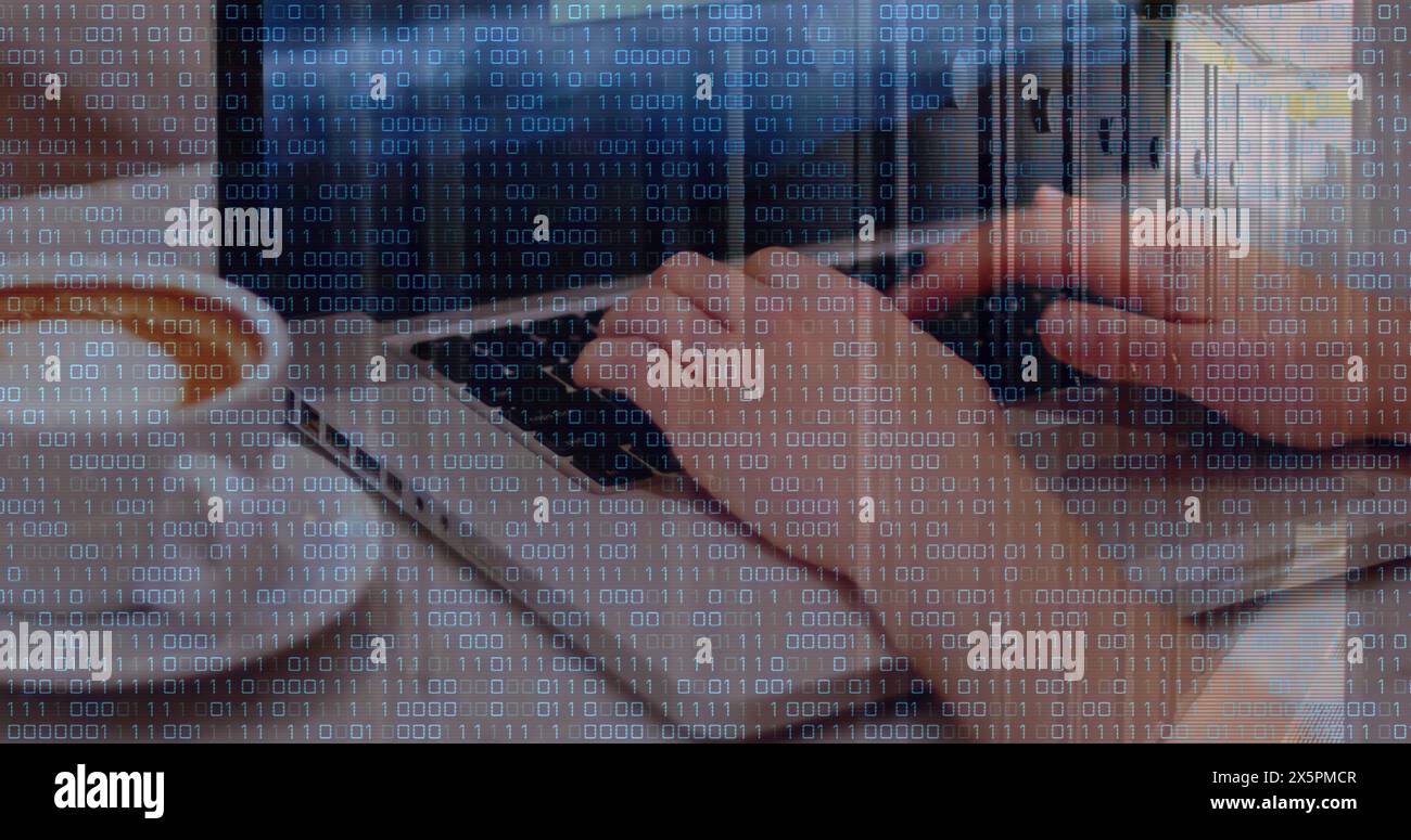 Image of binary coding data processing over mid section of a woman using laptop at a cafe Stock Photo