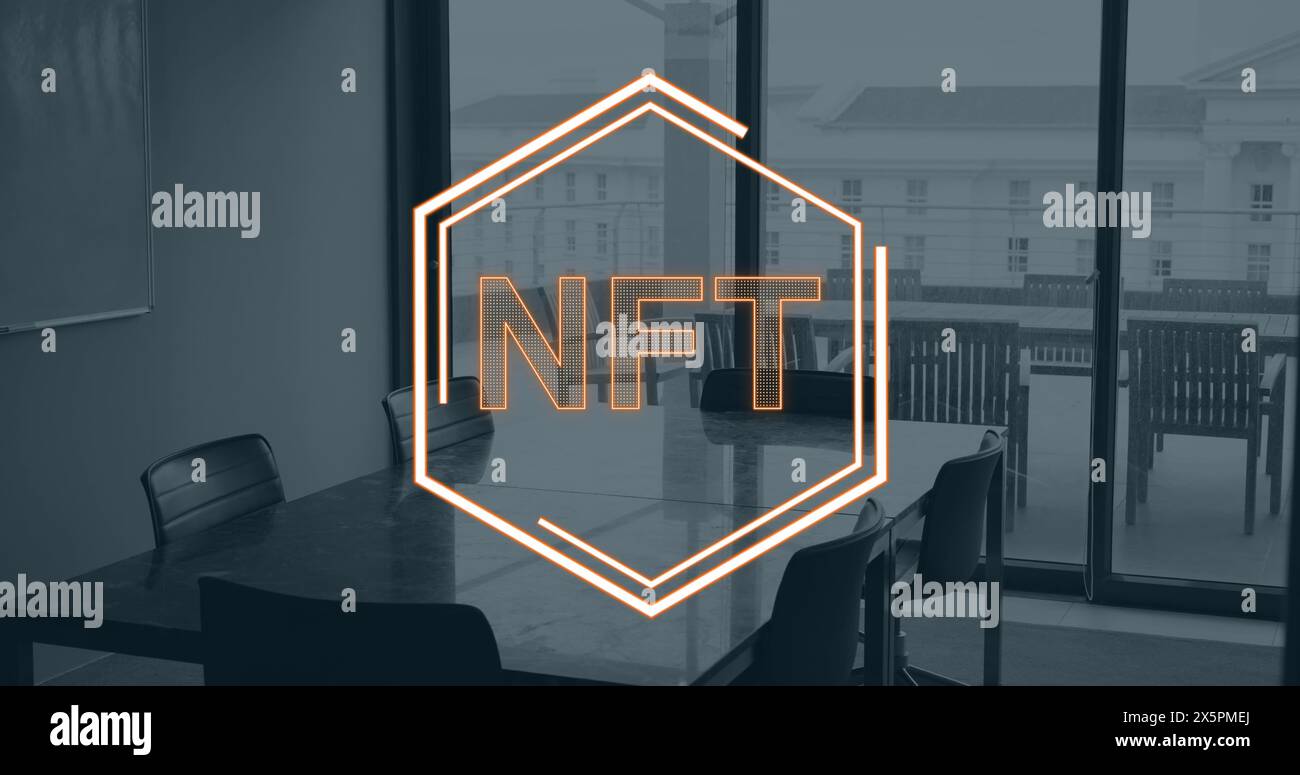 Image of nft text and data processing over office Stock Photo