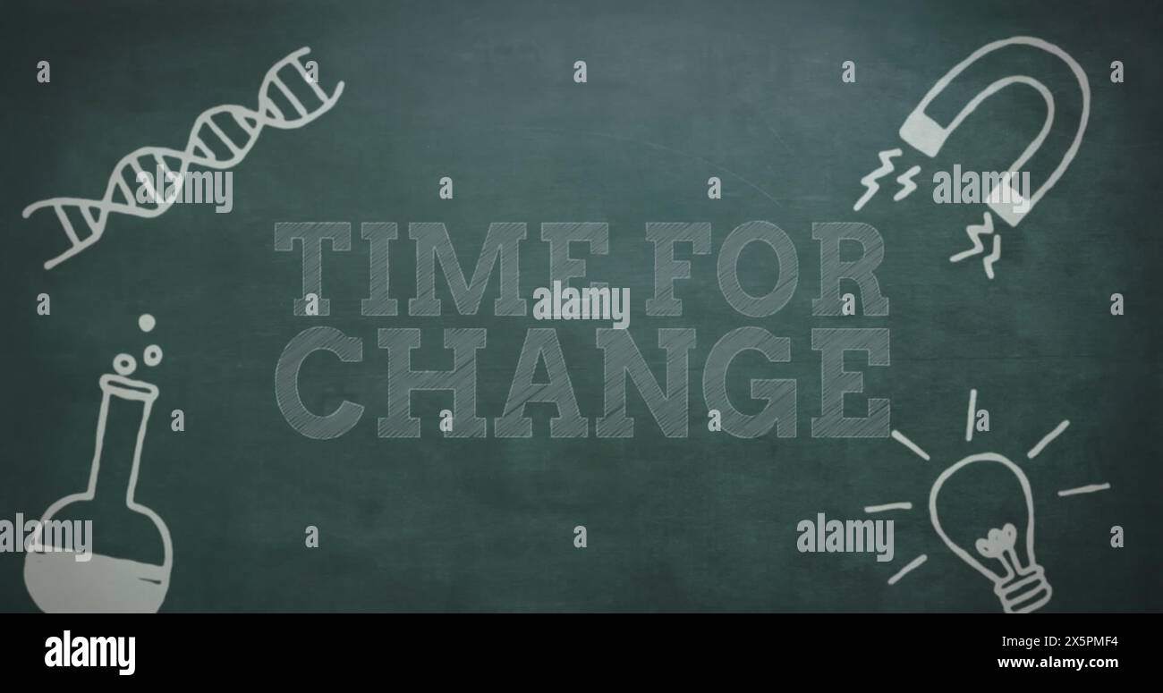 Image of time for change text banner and science concept icons against grey background Stock Photo