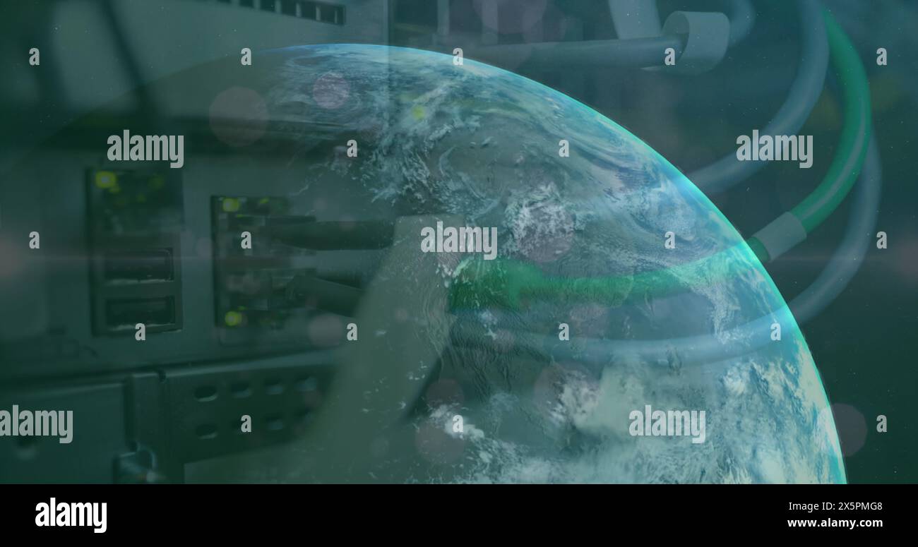 Image of globe and circles moving over back panel of server racks Stock ...