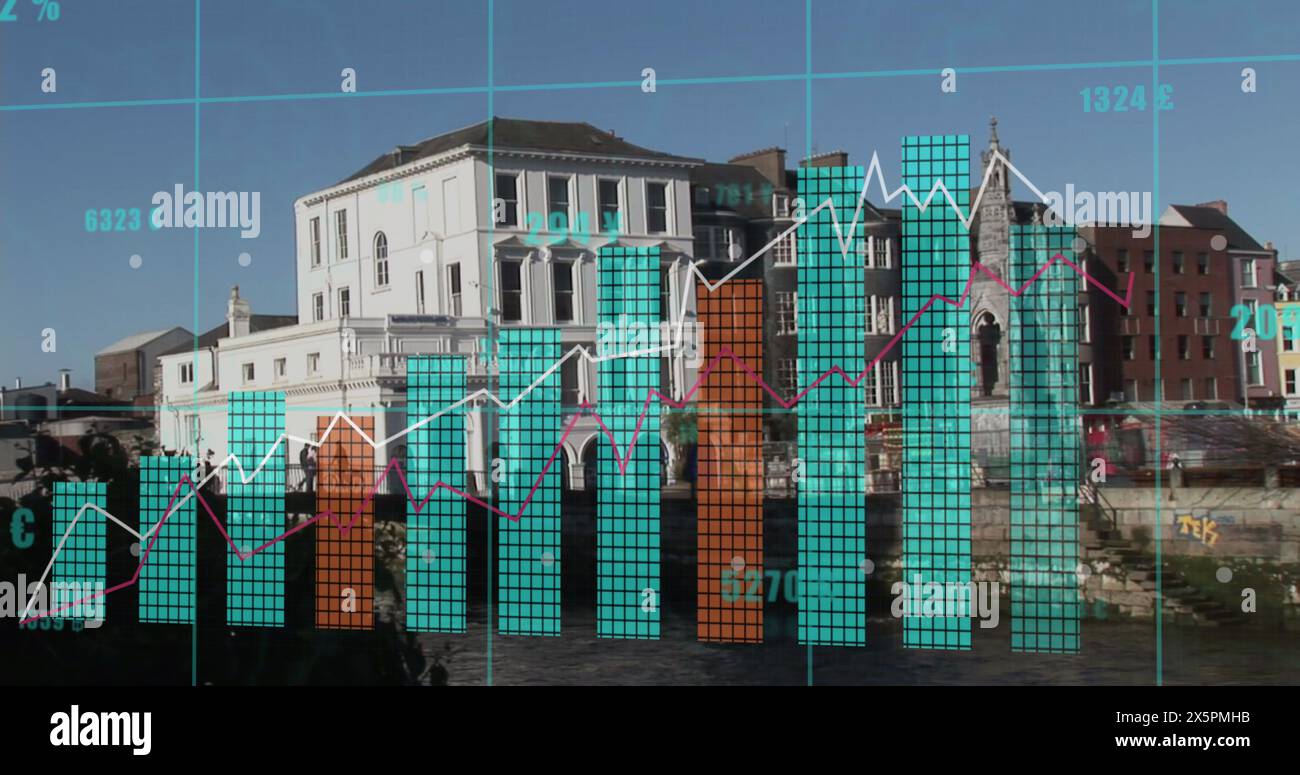 Image of data processing over cityscape Stock Photo
