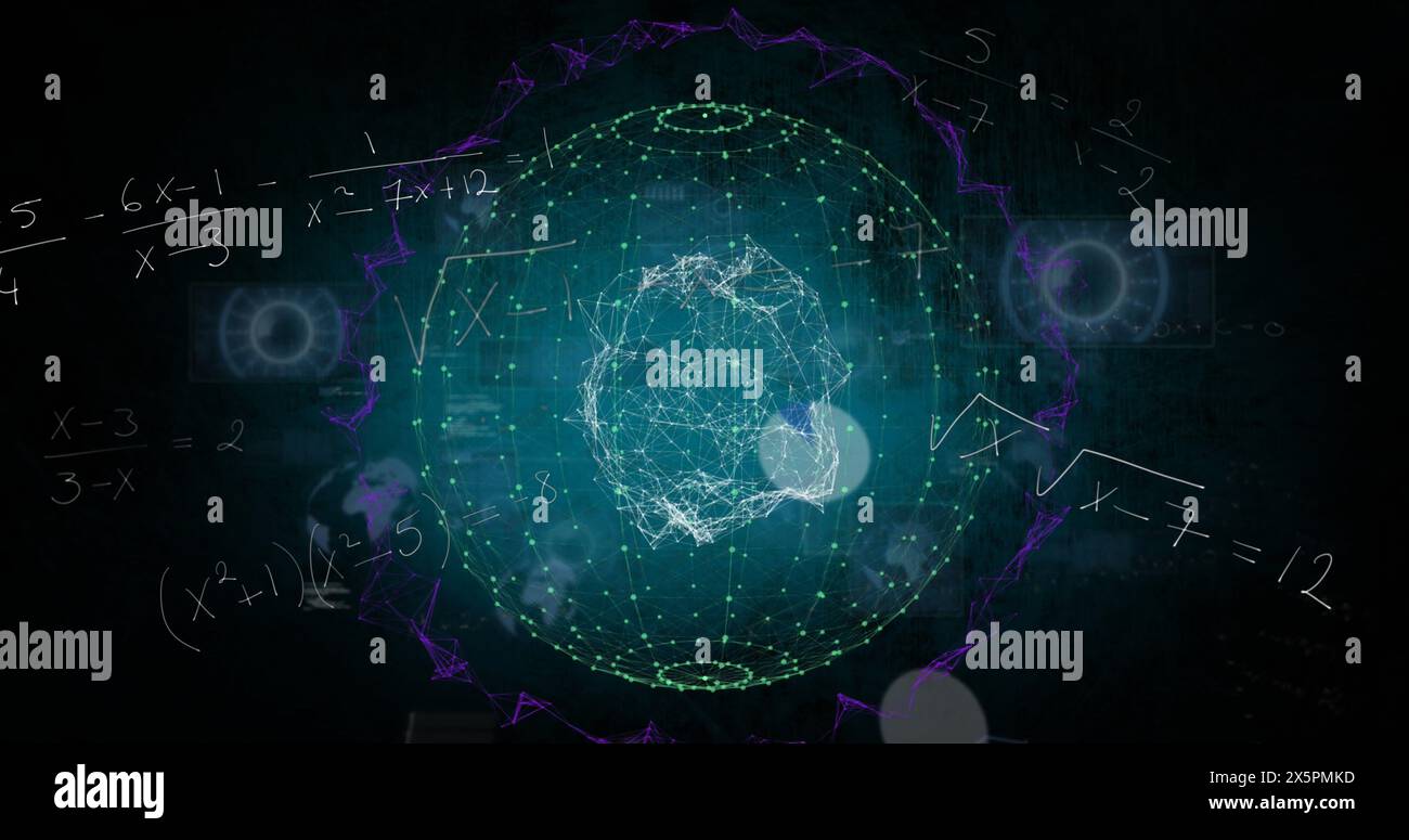 Image of round scanners, mathematical equations and data processing over spinning globe Stock Photo