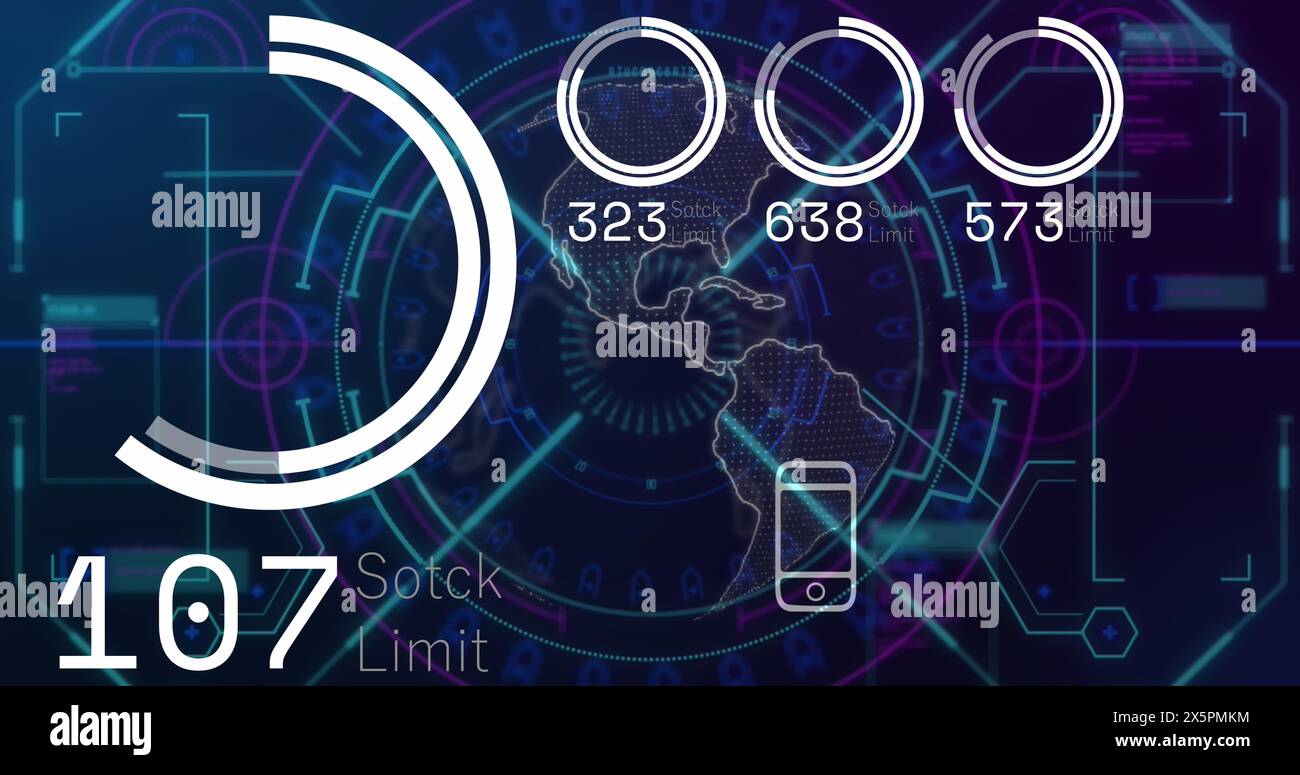 Image of stock market data processing over interface with spinning globe and data processing Stock Photo