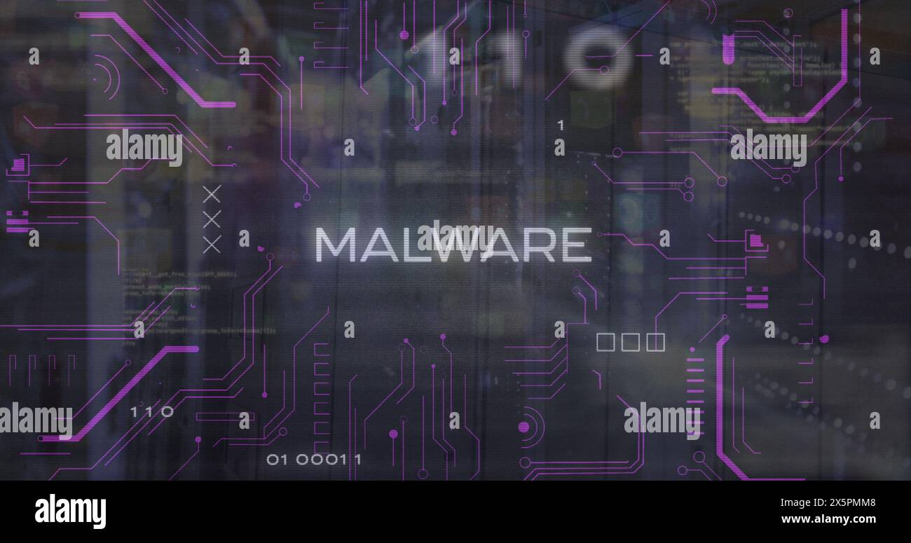 Image of malware, binary codes, computer language, binary codes over server room Stock Photo