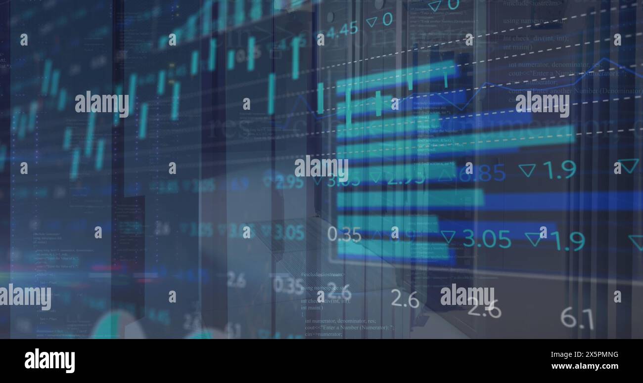 Image of multiple graphs and trading board over data server room Stock Photo