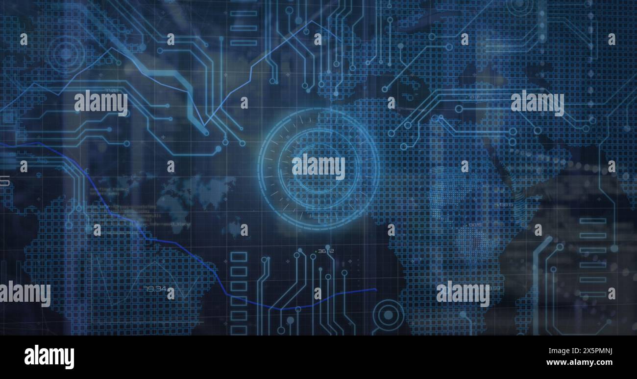 Image of graphs, map, computer language and circuit board pattern over server room Stock Photo