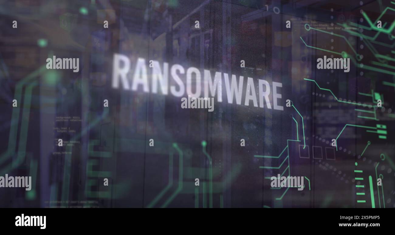 Image of ransomware, computer language, circuit board pattern over data server room Stock Photo