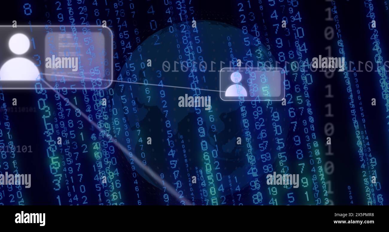Image of computer language, connected icons, binary codes and changing ...