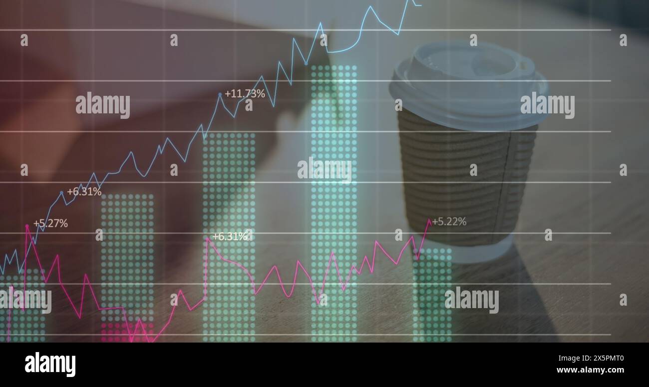 Image of multiple graphs with changing numbers over coffee cup on desk ...