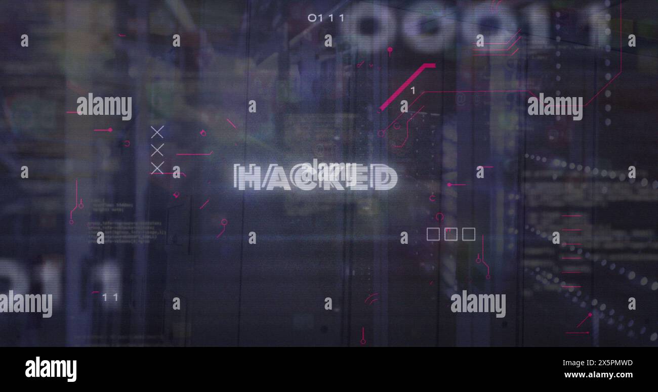 Image of hacked text, binary codes and computer language, circuit board pattern over server room Stock Photo
