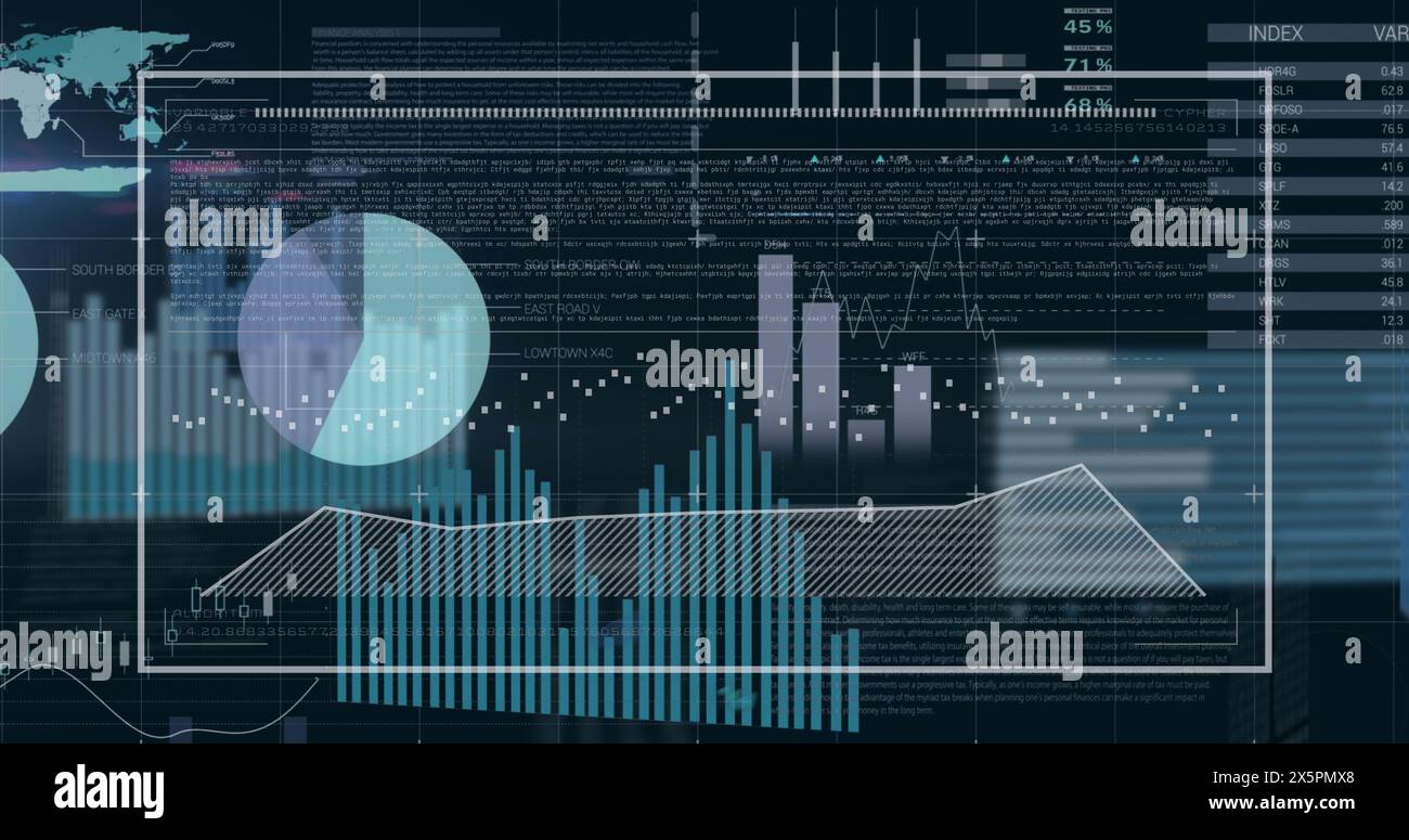 Image of graphs and data over infographic interface against black ...