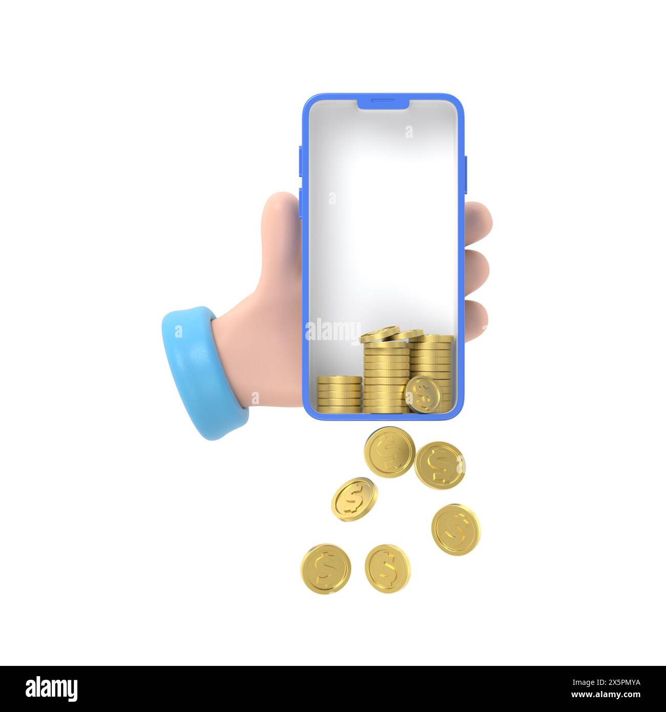 Cartoon Gesture Icon Mockup.Cartoon hand with phone and coins falling. Cashback and earning. Concept of financial mobile app and banking.3D rendering Stock Photo