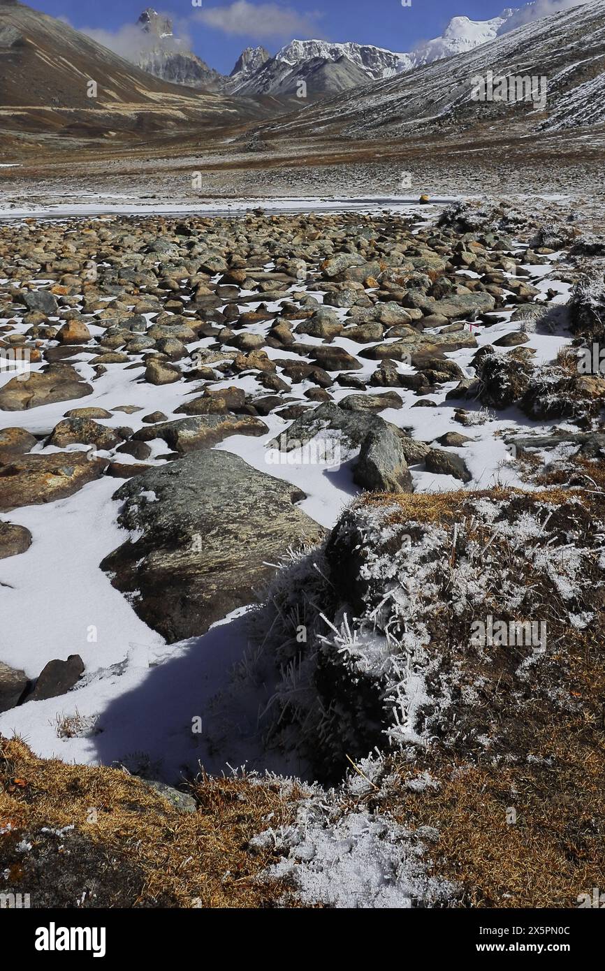 scenic landscape of alpine tundra valley and cloud covered snowcapped ...