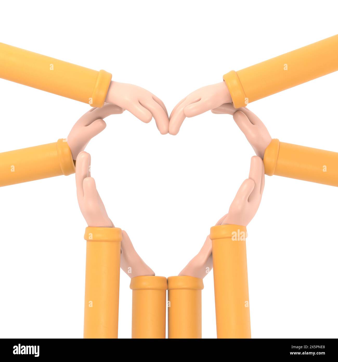 Heart hands as a group of diverse people hands connected together shaped as a love symbol expressing the feeling of being happy and togetherness.3D re Stock Photo