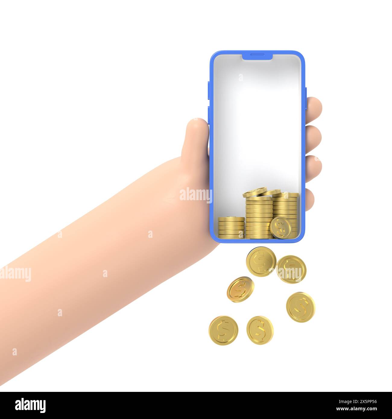 Cartoon Gesture Icon Mockup.Cartoon hand with phone and coins falling. Cashback and earning. Concept of financial mobile app and banking.3D rendering Stock Photo
