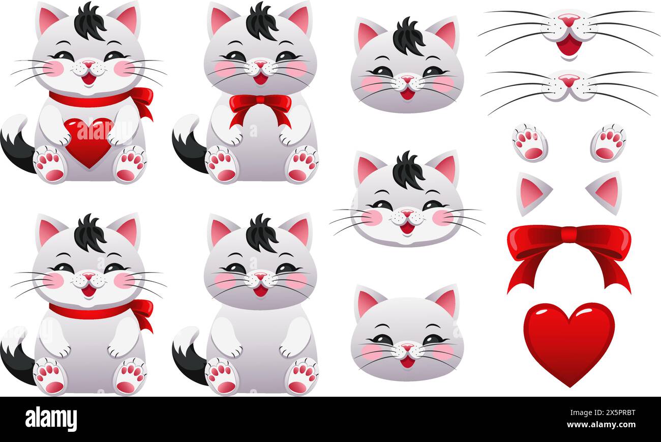 Set of funny cats. Set of cute cartoon cats with hearts, bows and elements isolated on white background. Vector illustration. Stock Vector