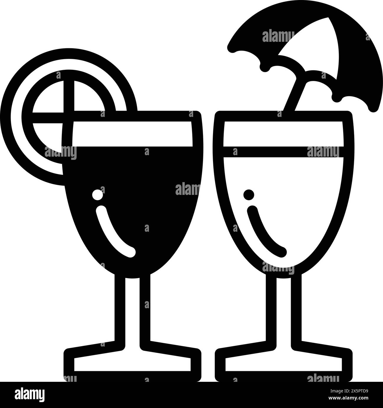 Two glasses of a drink with a lemon wedge in one of them. An umbrella is on top of the other glass Stock Vector