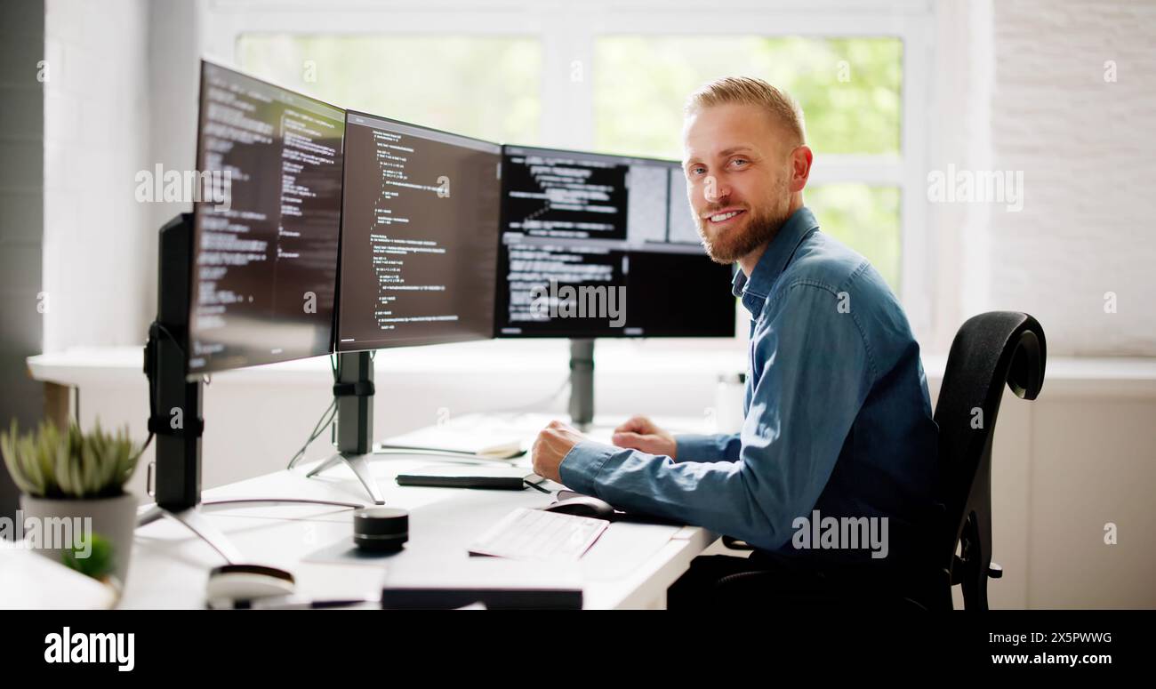 Web Developer Coding On Computer To Develop Code Stock Photo
