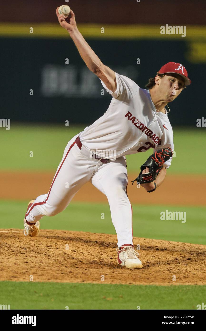 May 10, 2024: Arkansas pitcher Gabe Gaeckle #20 prepares to release the ball towards the plate. Arkansas defeated Mississippi State 7-5 in Fayetteville, AR. Richey Miller/CSM(Credit Image: © Richey Miller/Cal Sport Media) Stock Photo