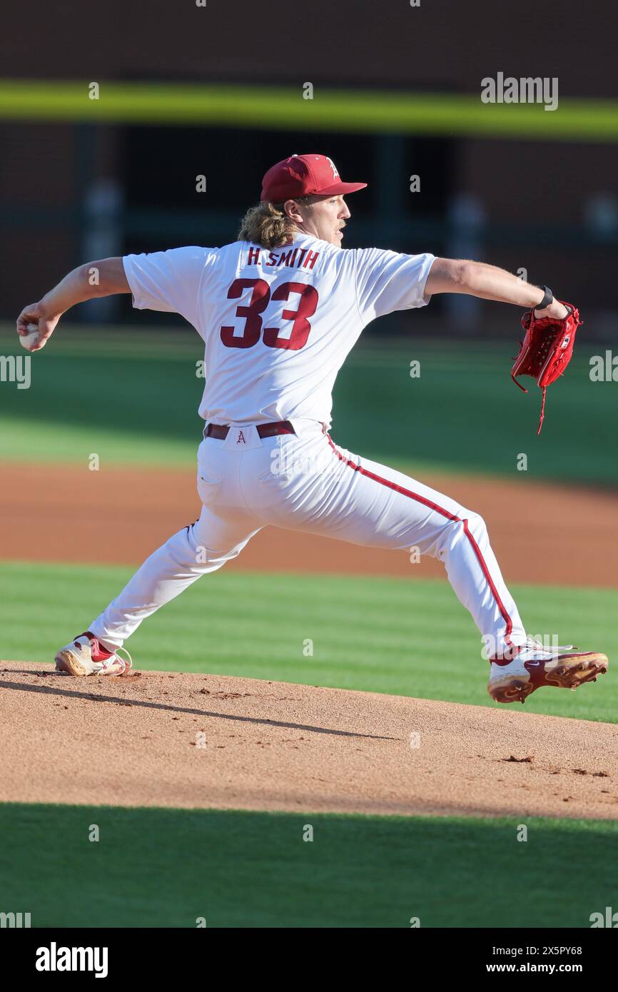 May 10, 2024: Hagen Smith #33 of Arkansas works from the mound. Arkansas defeated Mississippi State 7-5 in Fayetteville, AR. Richey Miller/CSM Stock Photo