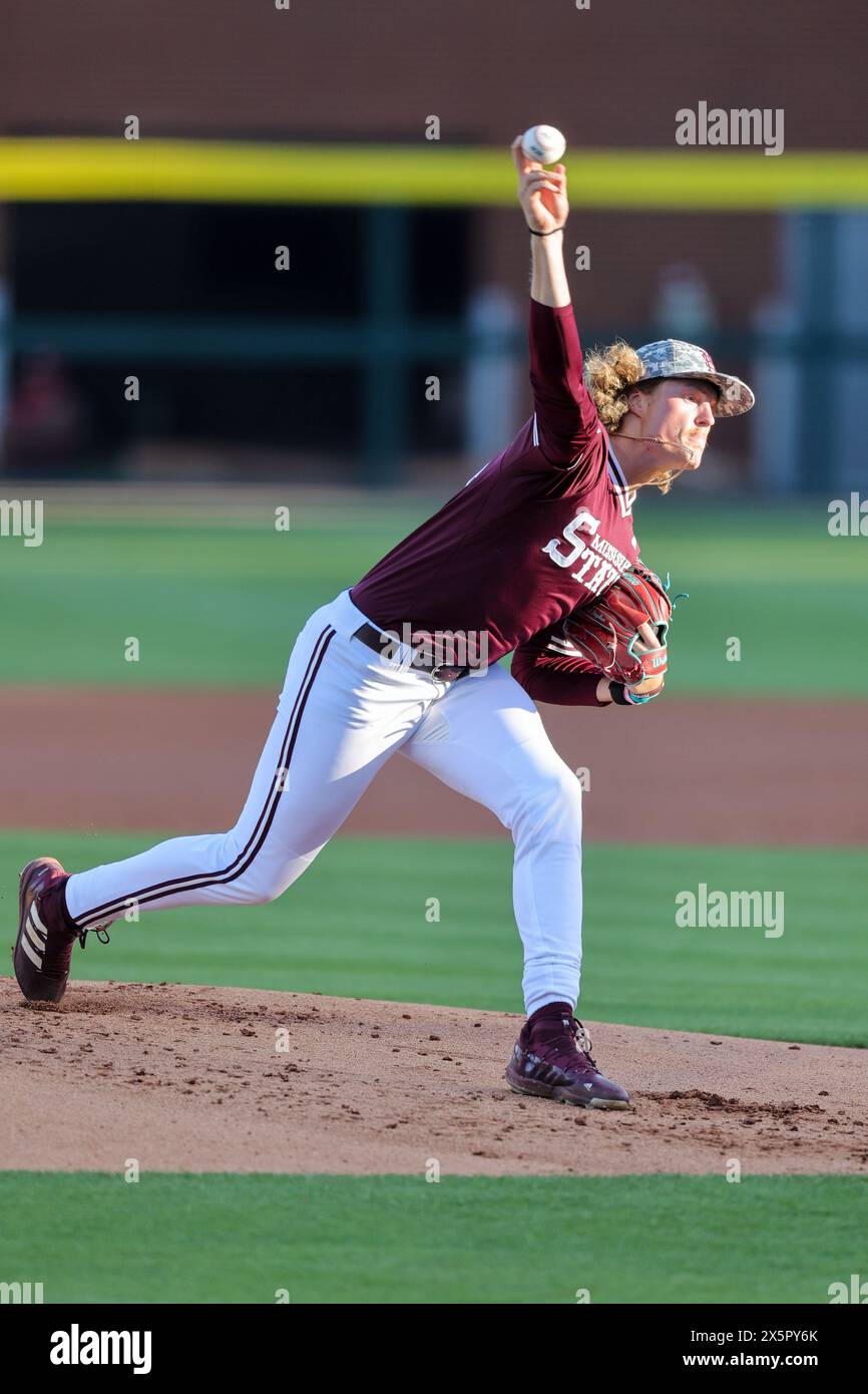 May 10, 2024: Kahl Stephen #14 Bulldogs pitcher prepares to release the ball from his finger tips to home. Arkansas defeated Mississippi State 7-5 in Fayetteville, AR. Richey Miller/CSM(Credit Image: © Richey Miller/Cal Sport Media) Stock Photo