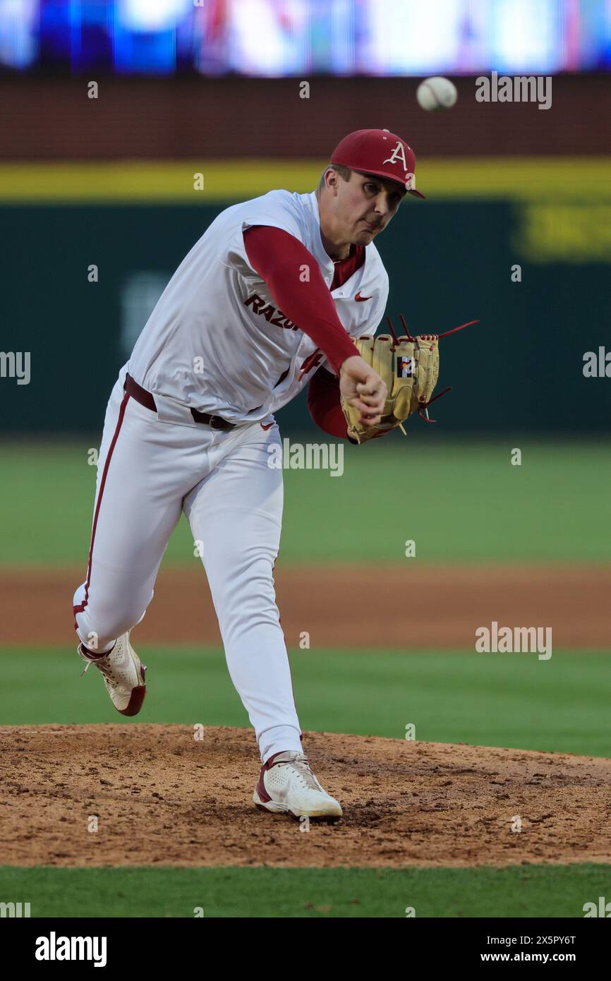 May 10, 2024: Razorback pitcher Christian Foutch #46 watches as a ball he has pitched heads towards the plate. Arkansas defeated Mississippi State 7-5 in Fayetteville, AR. Richey Miller/CSM Stock Photo