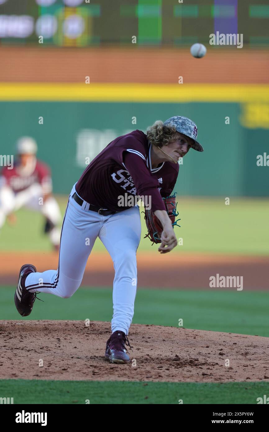 May 10, 2024: Mississippi State pitcher Kahl Stephen #14 releases the ball towards home. Arkansas defeated Mississippi State 7-5 in Fayetteville, AR. Richey Miller/CSM(Credit Image: © Richey Miller/Cal Sport Media) Stock Photo