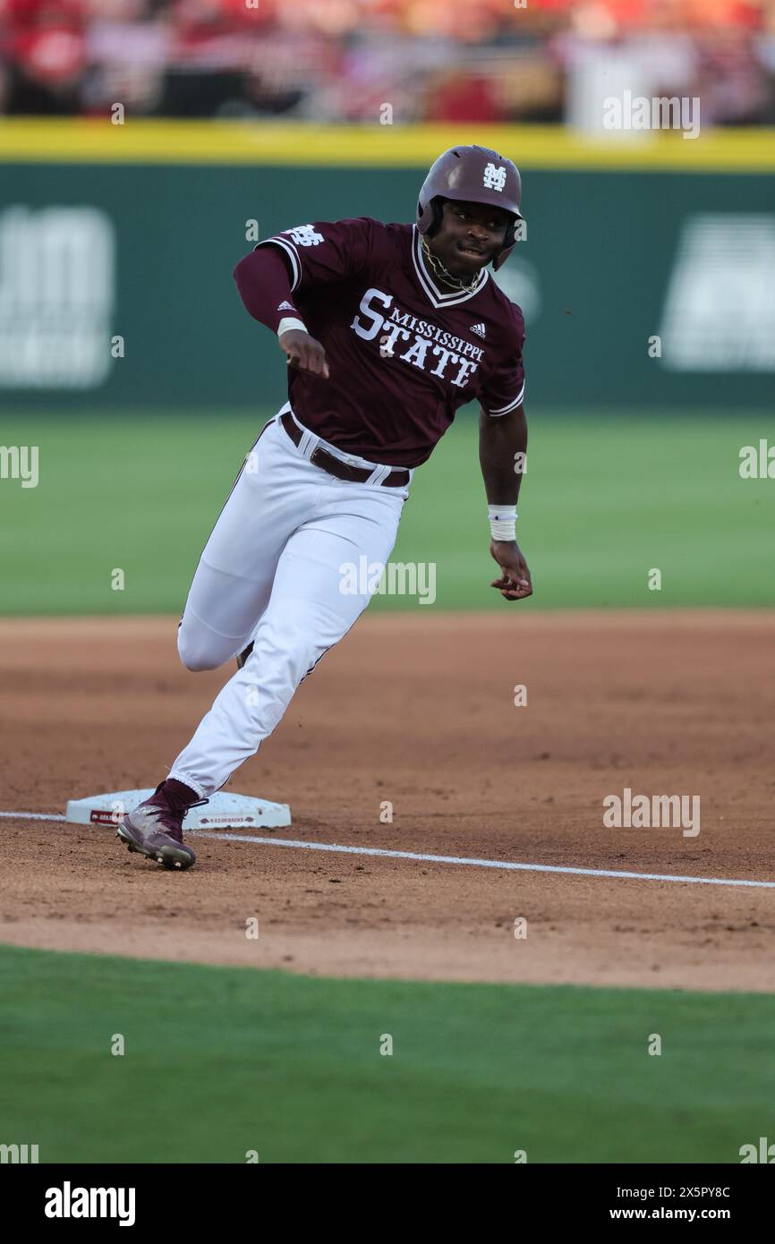 May 10, 2024: Amani Larry #8 of Mississippi State rounds third base headed towards home. Arkansas defeated Mississippi State 7-5 in Fayetteville, AR. Richey Miller/CSM Stock Photo