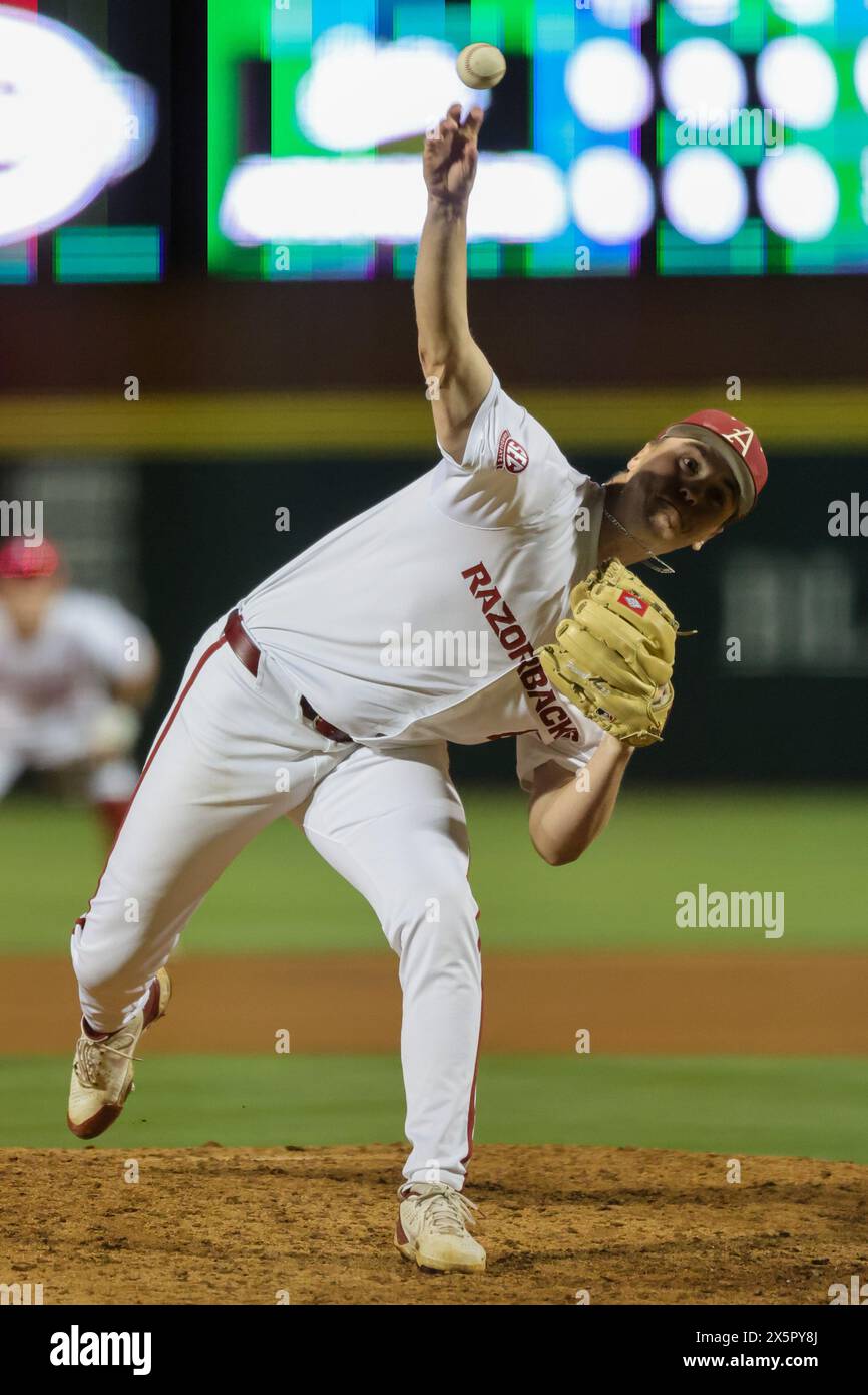 May 10, 2024: Razorback pitcher Will McEntire #41 releases the ball off his finger tips towards home plate. Arkansas defeated Mississippi State 7-5 in Fayetteville, AR. Richey Miller/CSM Stock Photo