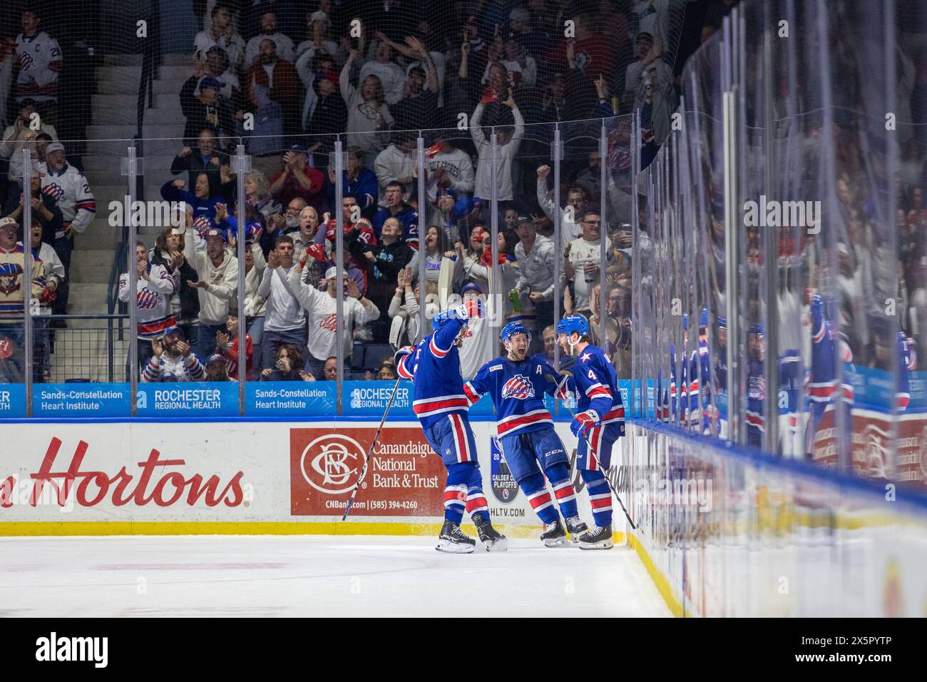 May 10th, 2024: Rochester Americans players celebrate a goal in the first period against the Syracuse Crunch. The Rochester Americans hosted the Syracuse Crunch in Game 5 of the American Hockey League Northeast Division Semifinals at Blue Cross Arena in Rochester, New York. (Jonathan Tenca/CSM) (Credit Image: © Jonathan Tenca/Cal Sport Media) Credit: Cal Sport Media/Alamy Live News Stock Photo