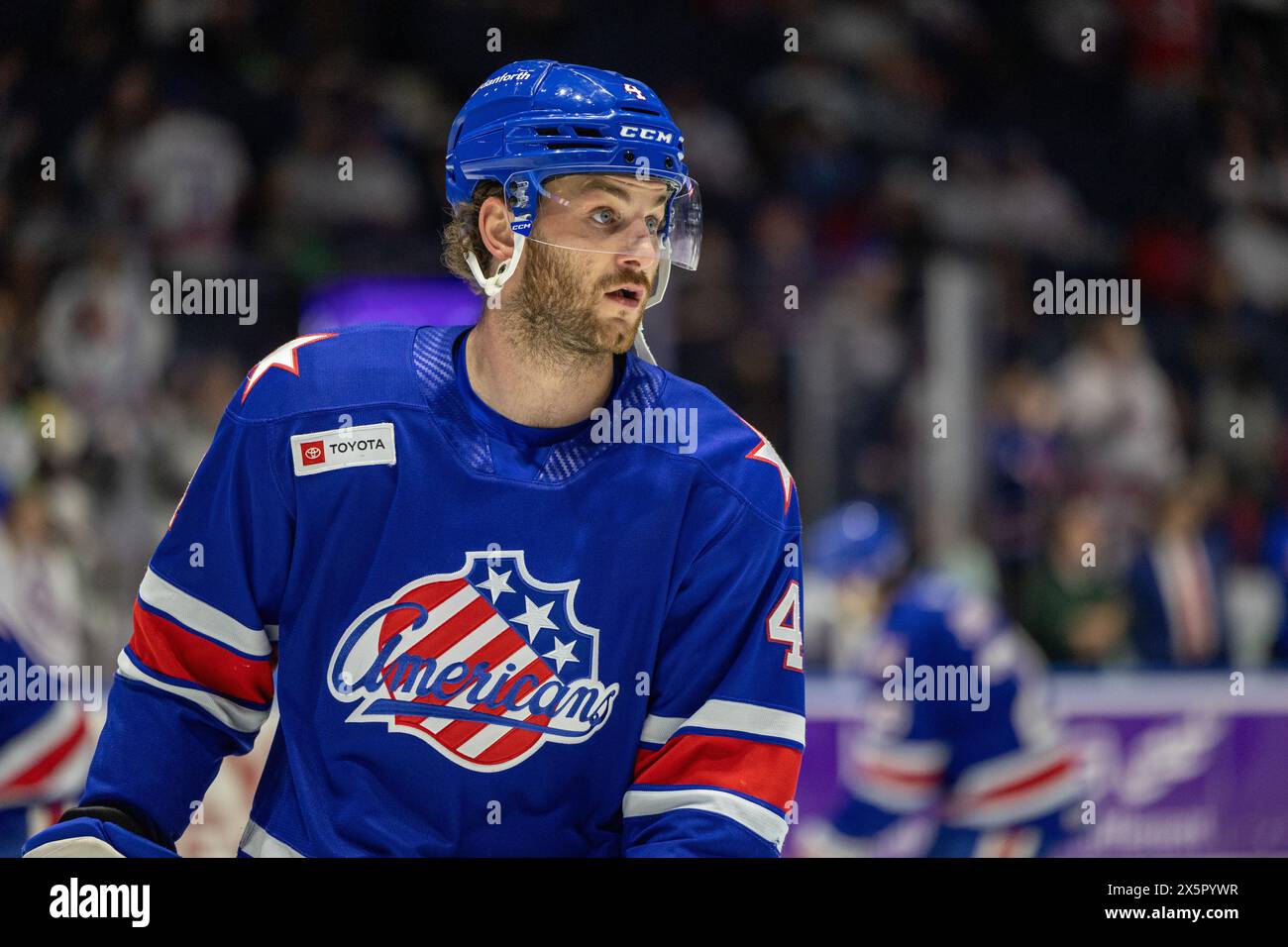 May 10th, 2024: Rochester Americans defenseman Jeremy Davies (4) skates in warmups prior to a game against the Syracuse Crunch. The Rochester Americans hosted the Syracuse Crunch in Game 5 of the American Hockey League Northeast Division Semifinals at Blue Cross Arena in Rochester, New York. (Jonathan Tenca/CSM) Credit: Cal Sport Media/Alamy Live News Stock Photo