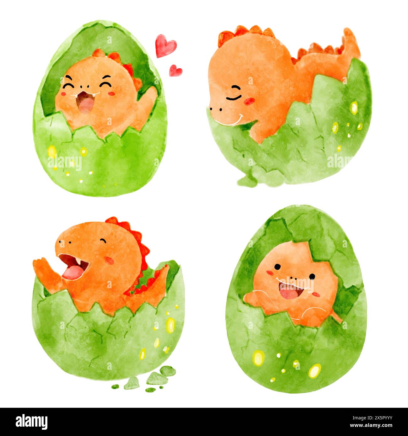 Baby dinosaurs hatch from eggs . Watercolor paint design . Set 2 of 3 ...