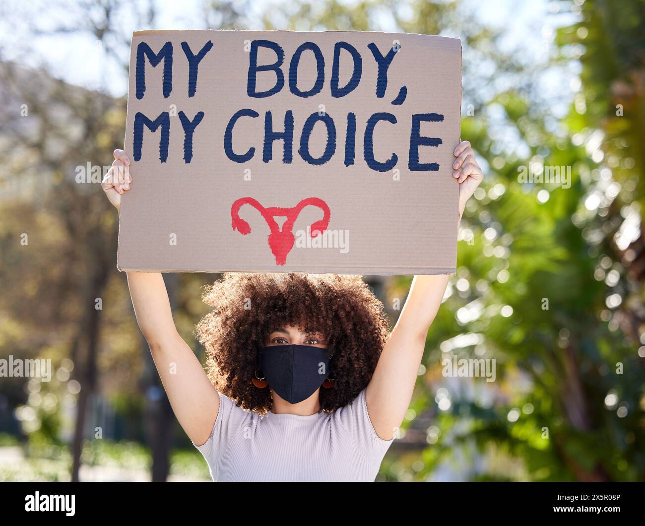 Human Rights Mask Woman, portrait and poster for outdoor protest on abortion, body choice ...