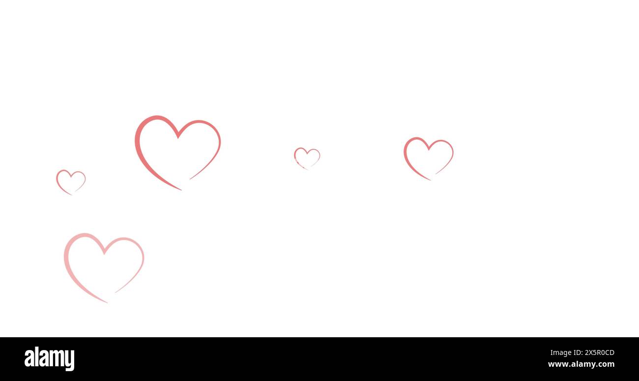 Five varying-size simple red heart outlines float on a plain white background Stock Photo