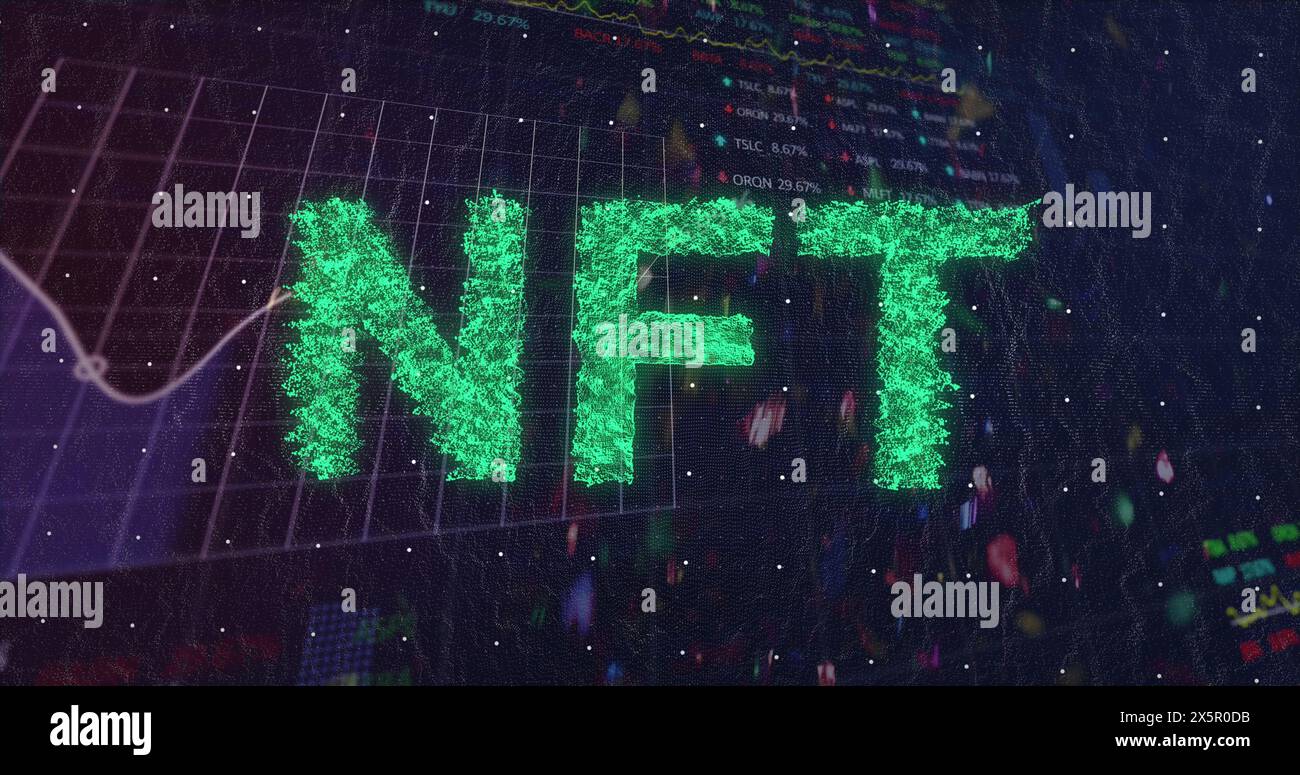 Green letters spelling NFT glow against backdrop of stock market graphs ...