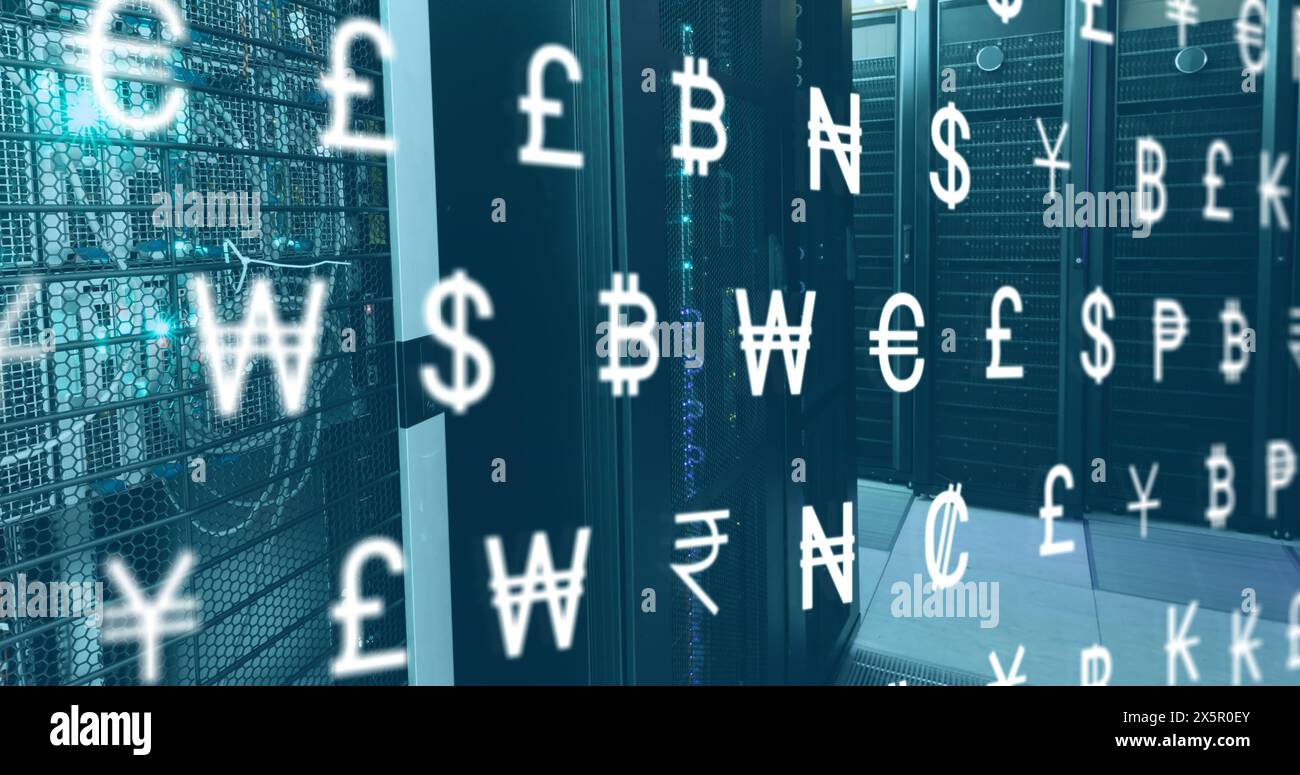 Rows of server racks with glowing currency symbols representing digital money Stock Photo