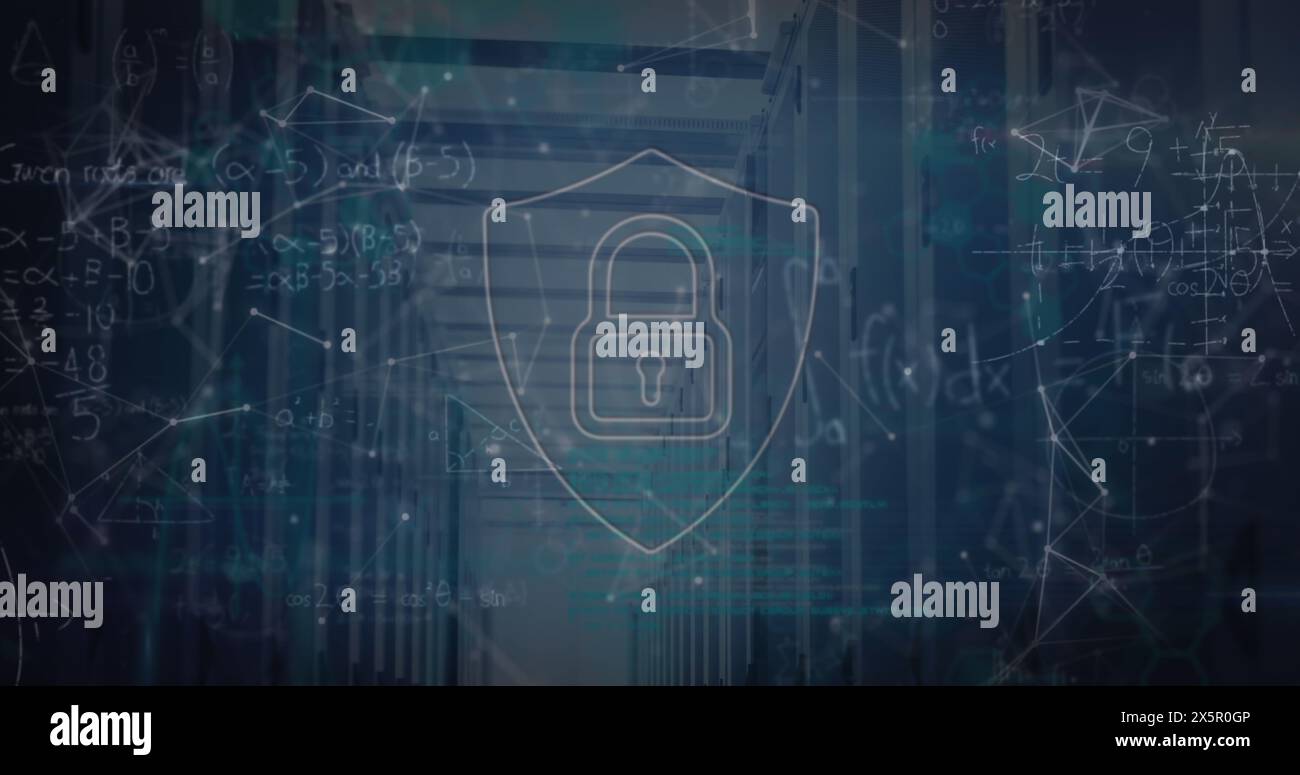 Image of padlock and shapes over mathematical equations and server room Stock Photo