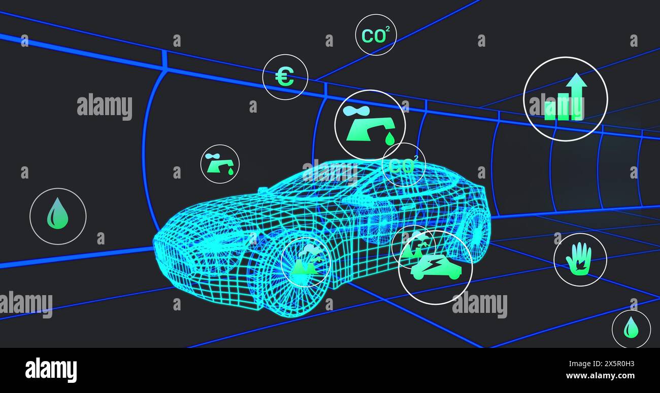 Image of digital icons over 3d car model moving in seamless pattern against black background Stock Photo