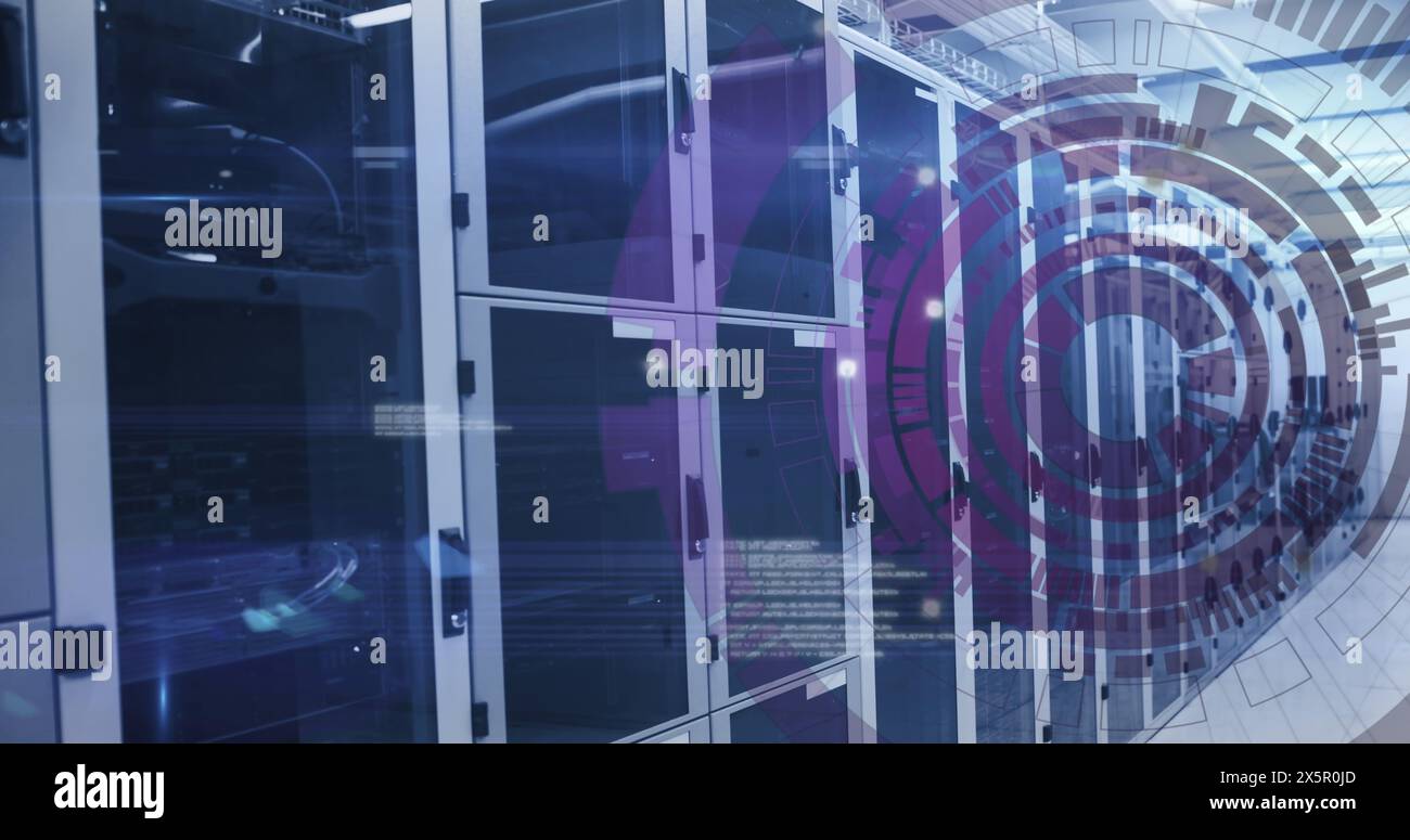 Image of loading circles and computer language over data server room Stock Photo