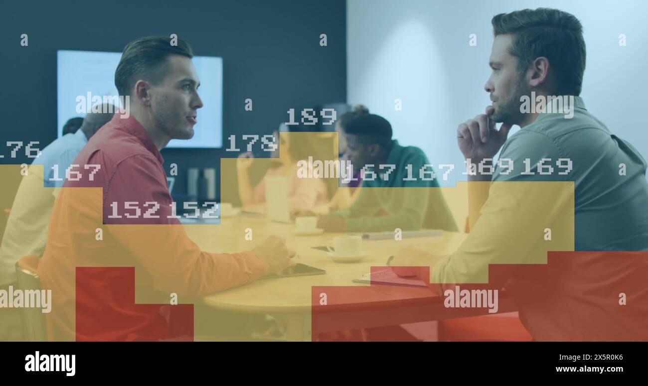 Image of statistical data processing against two diverse men discussing at office Stock Photo