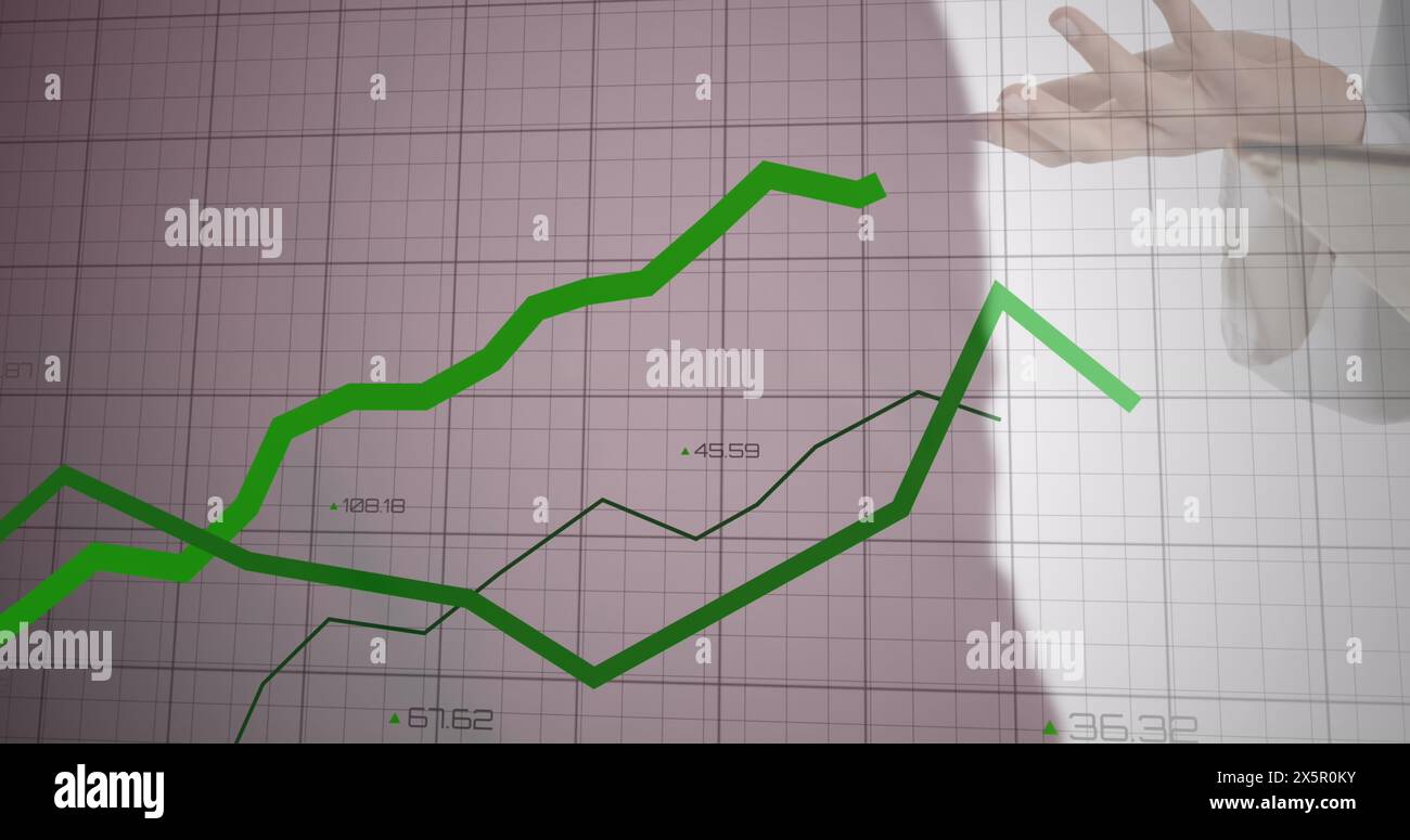 Image of green lines over grid and data processing Stock Photo