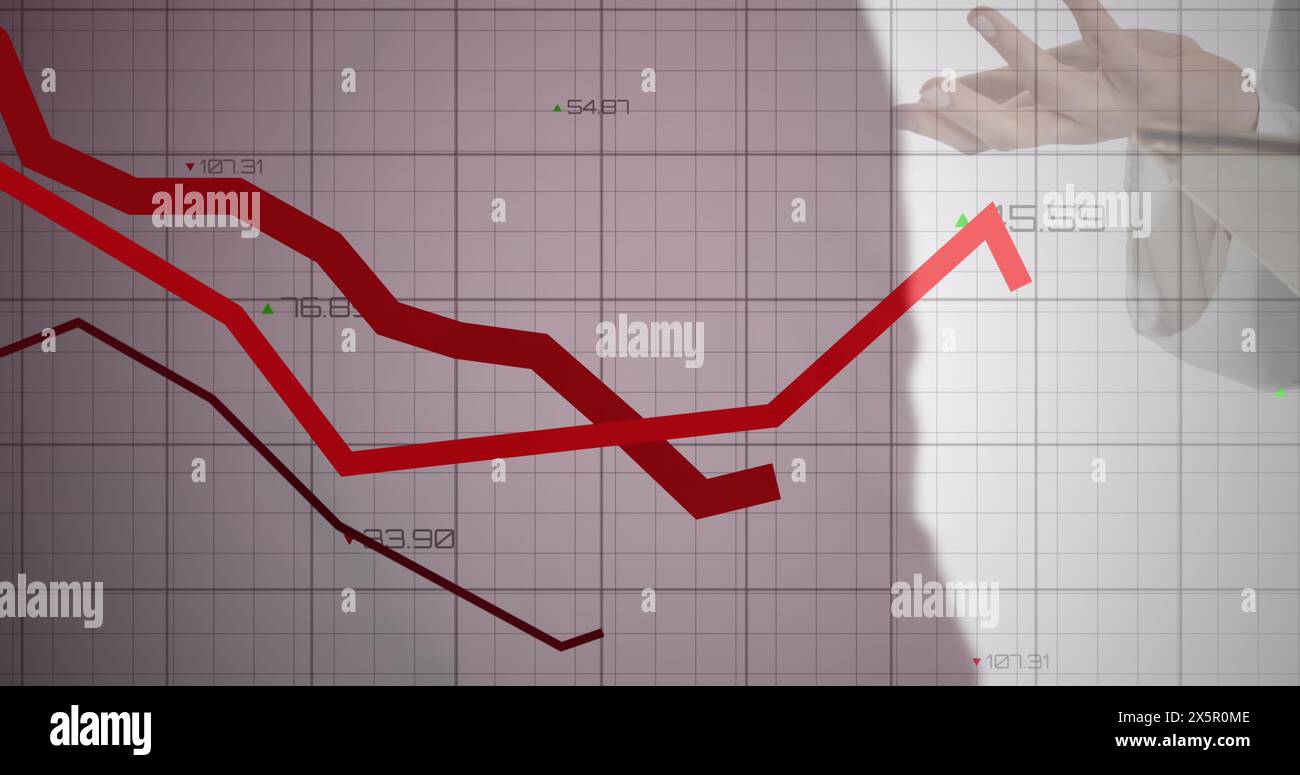 Image of red lines over grid and data processing Stock Photo