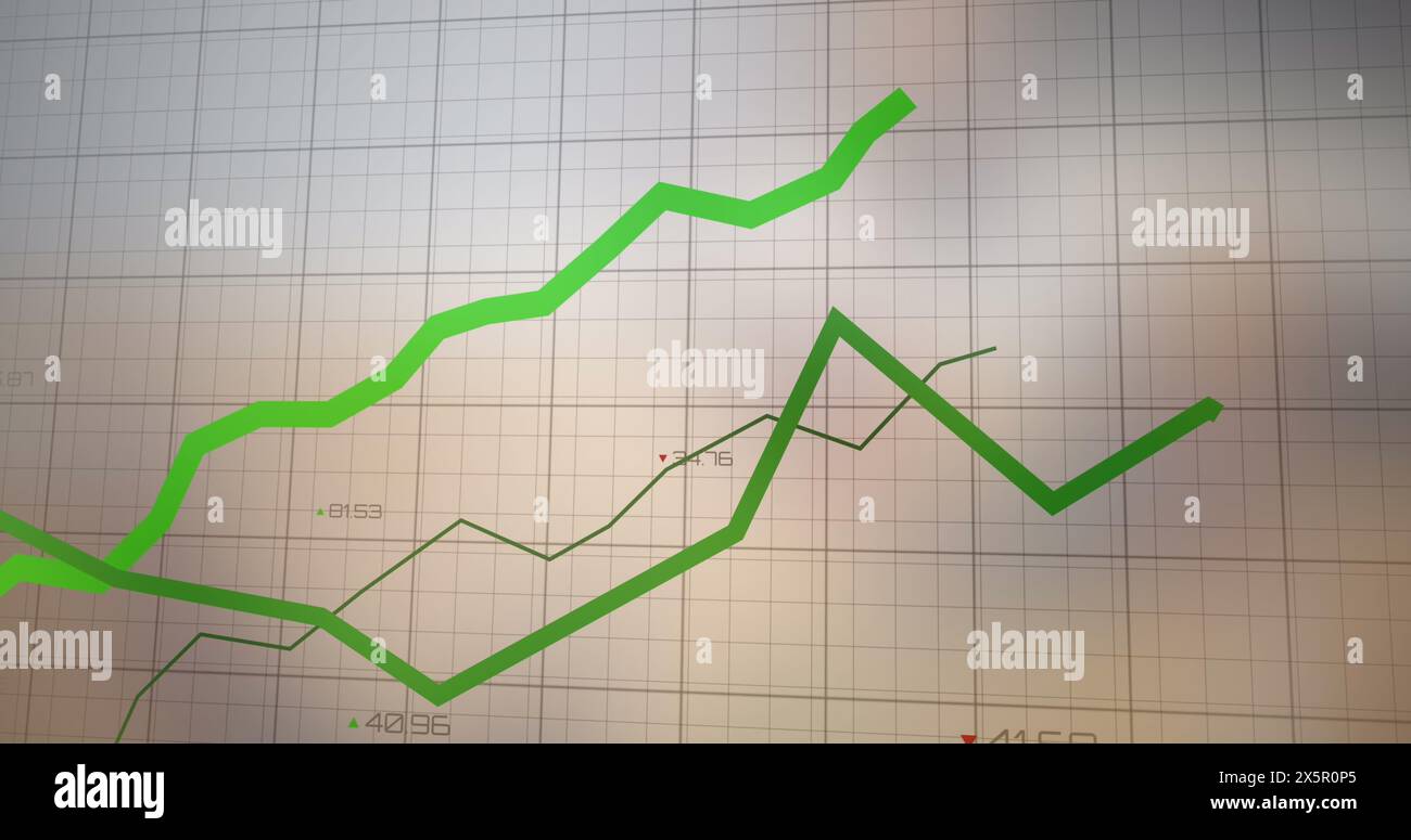 Image of green lines over grid and data processing Stock Photo